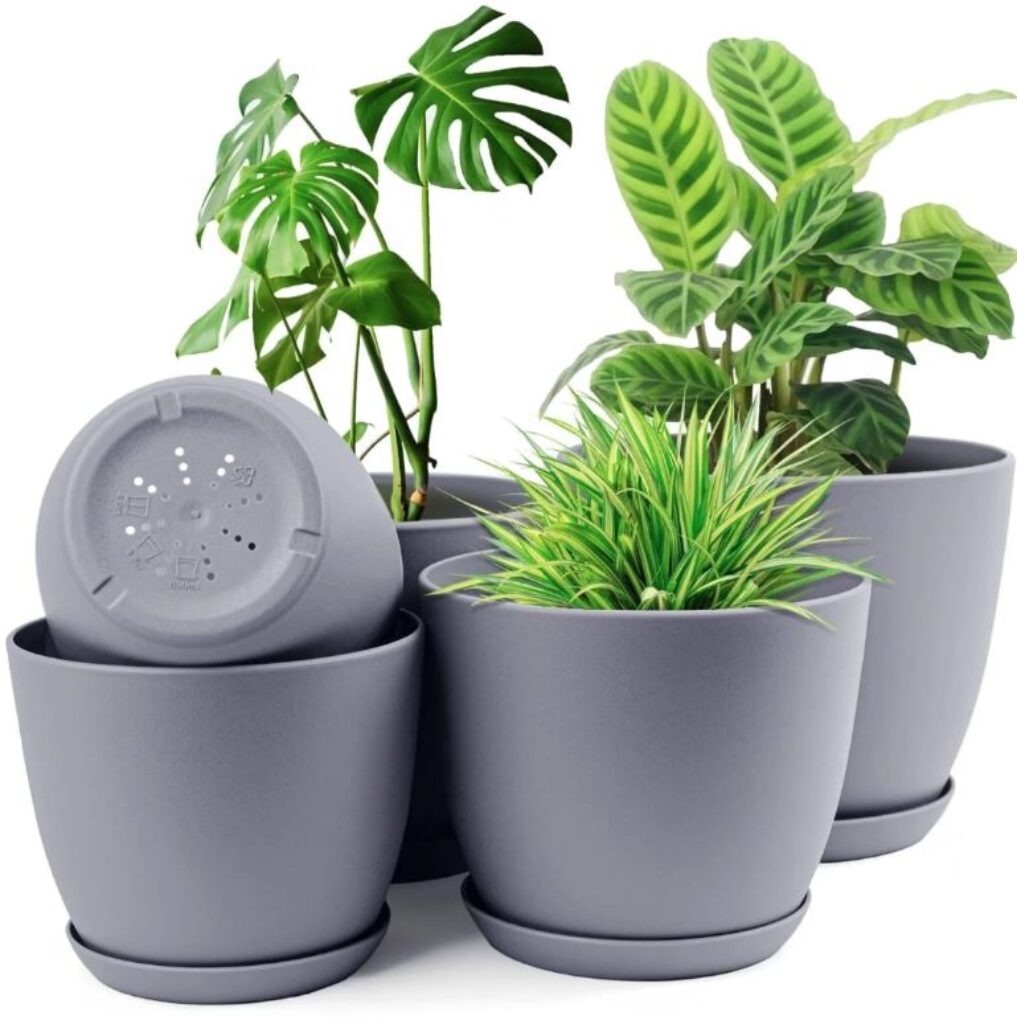 Four gray pots containing various plants arranged neatly on a surface, showcasing greenery and modern design.